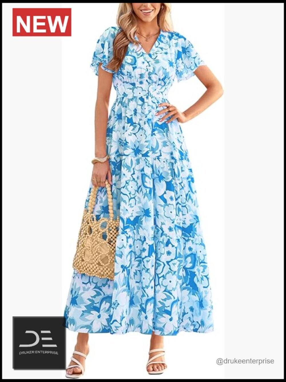 Short Sleeve V-Neck Button Floral Tiered Maxi Dress Boho Beach Sundress with